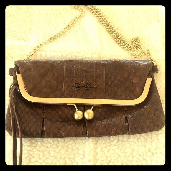 Jessica Simpson brown leather folding clutch bag. - Picture 1 of 6